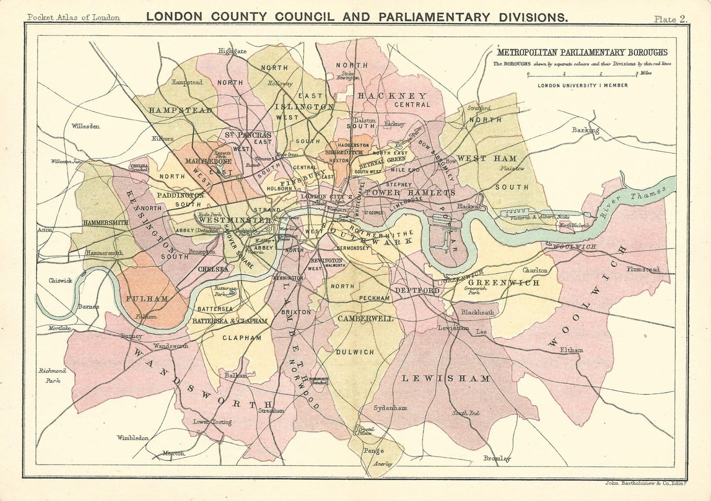 London County Council antique map published 1891
