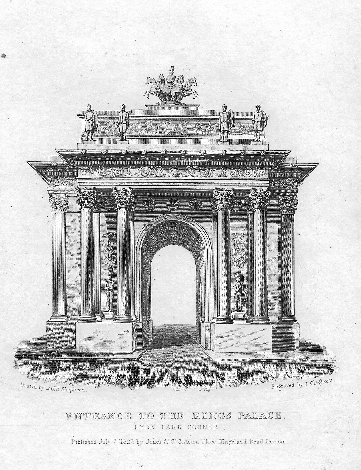 Buckingham Palace entrance now at Hyde Park Corner antique print 1830