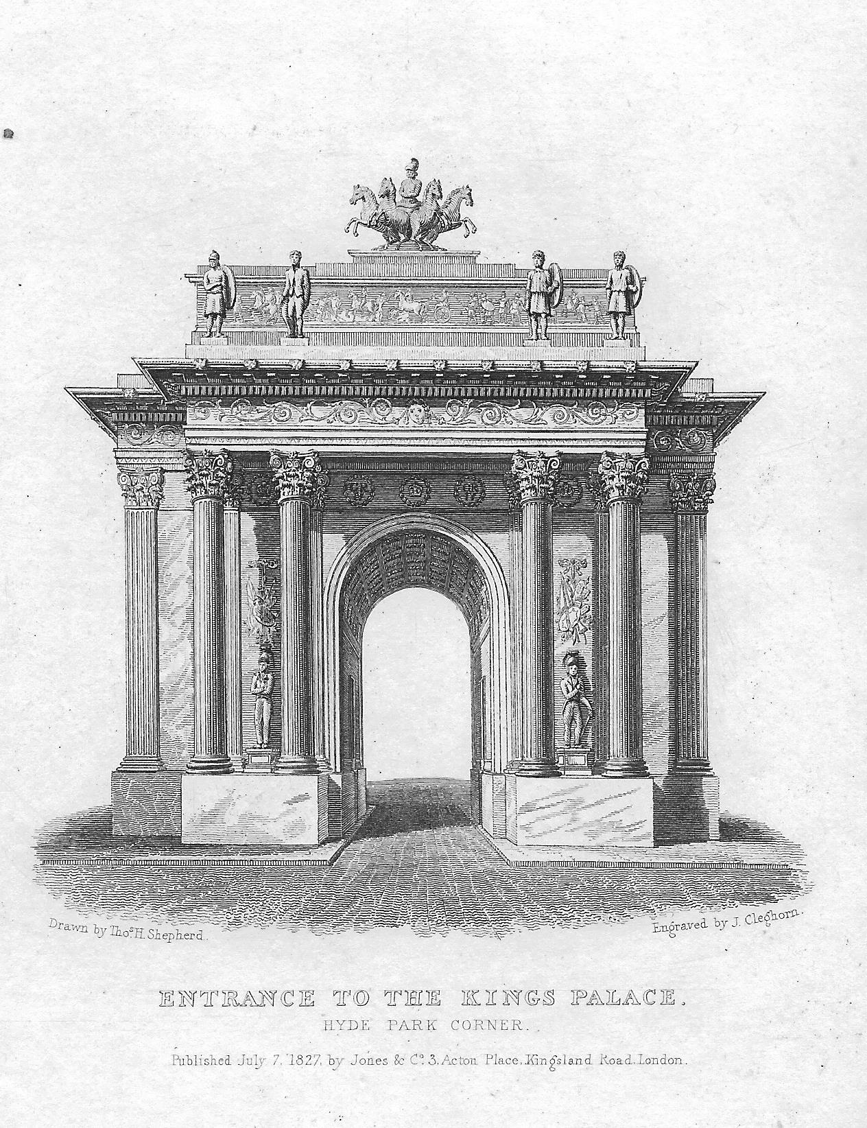 Buckingham Palace entrance now at Hyde Park Corner antique print