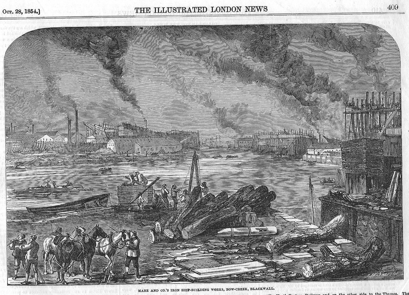 Blackwall iron ship building works Bow Creek antique print 1854