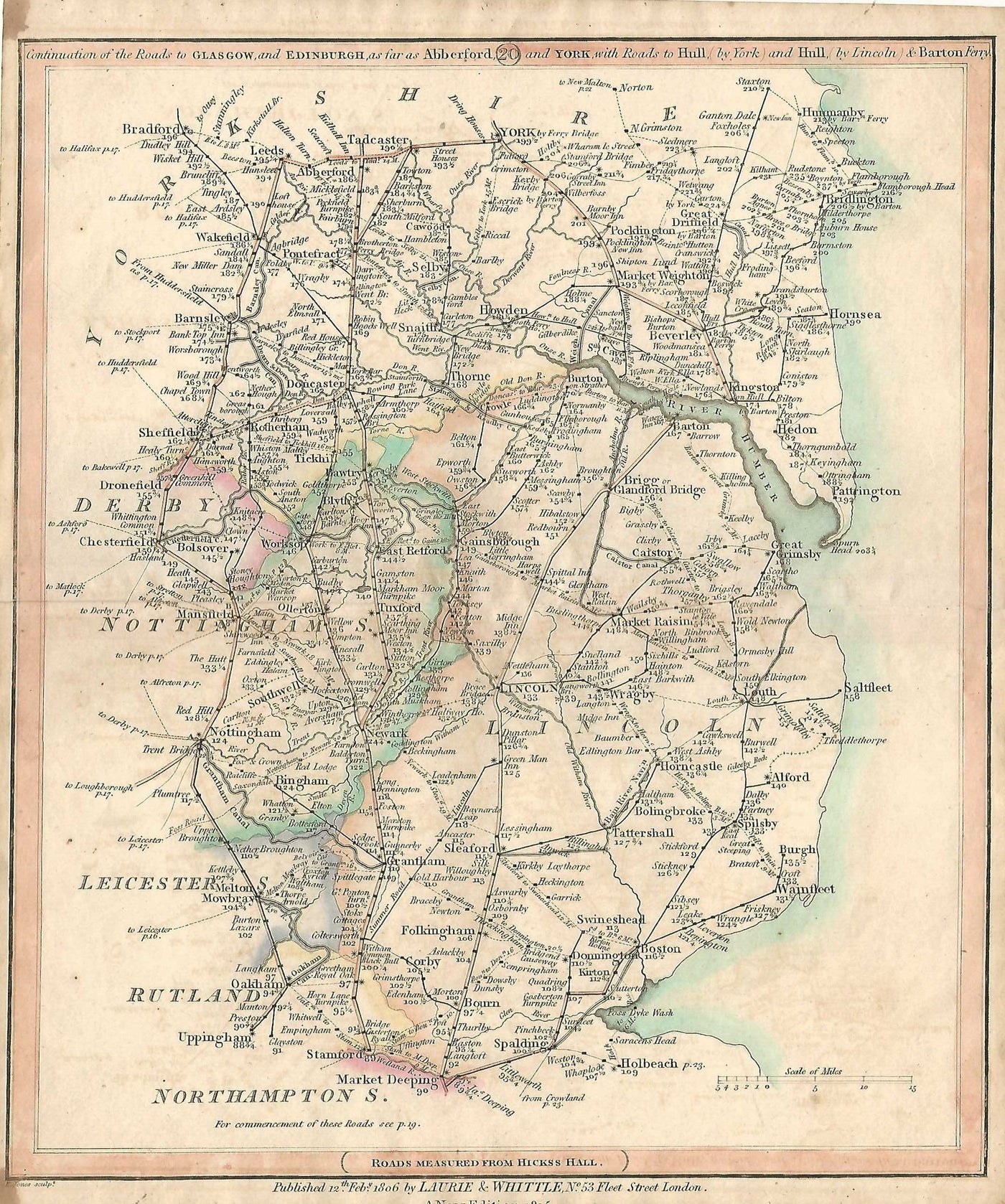 York Leeds Tadcaster from Market Deeping antique road map 1815