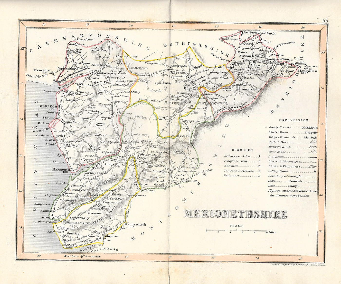 Merionethshire Clwyd Cymru Wales antique map