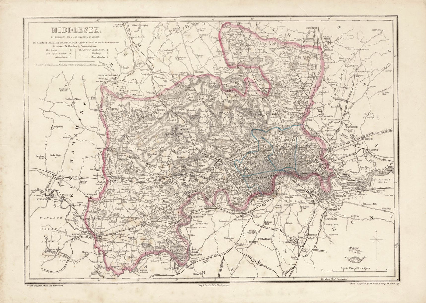 Middlesex antique map Weekly Dispatch 1863