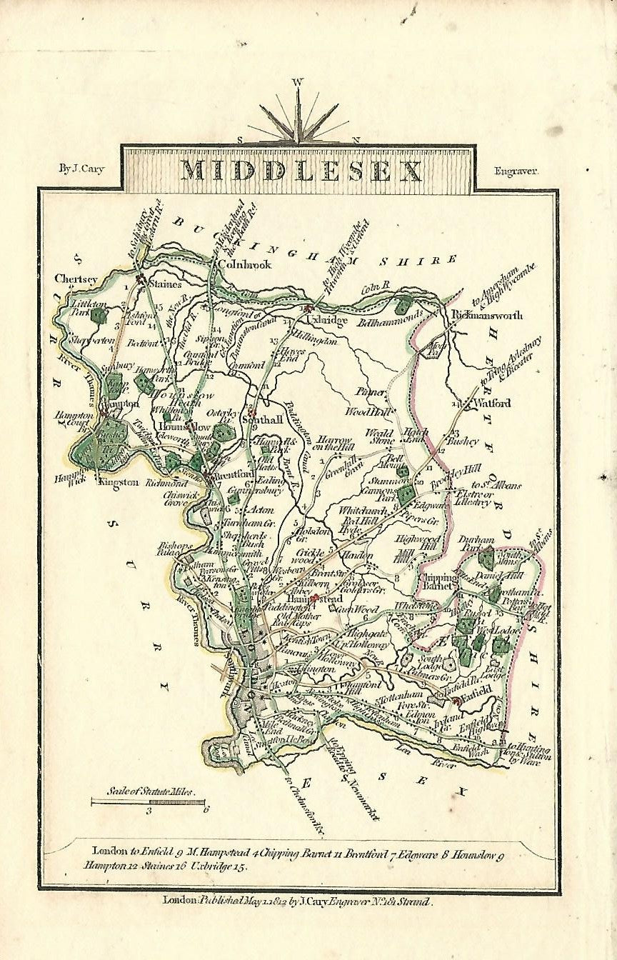 Middlesex antique map by Georgian cartographer John Cary 1812