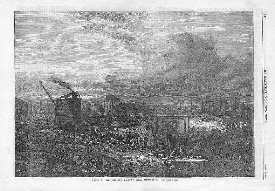 St Pancras Midland Railway line construction antique print 1867