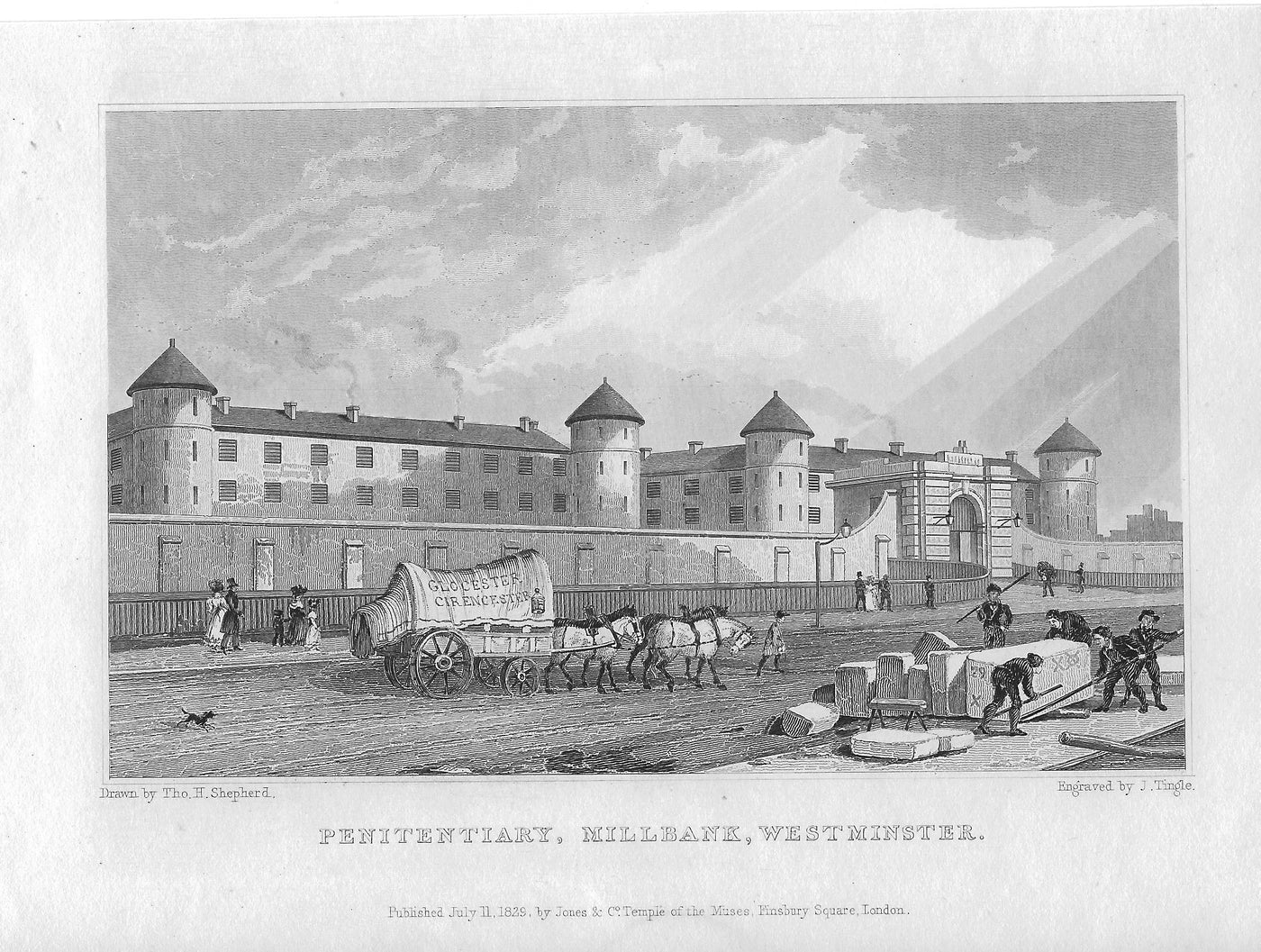 Millbank Penitentiary Westminster London antique print 1830.