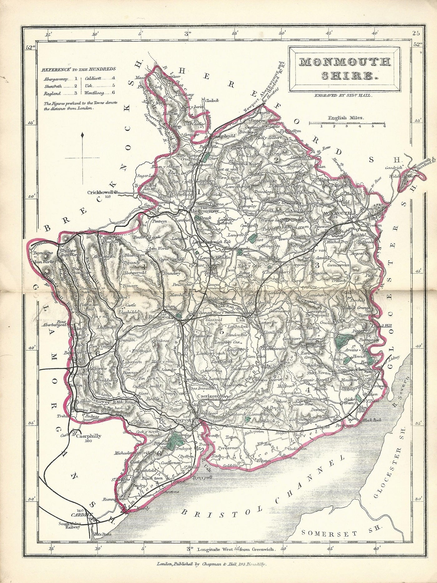 Monmouthshire antique map from English Counties by Sidney Hall published 1860