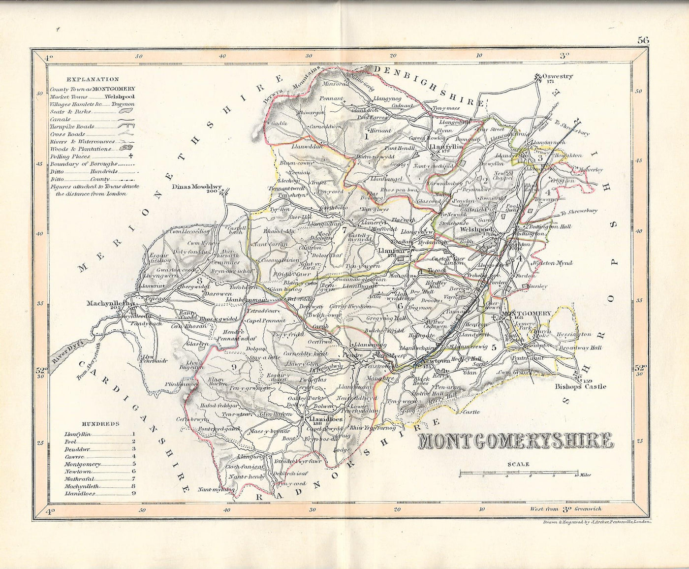 Montgomeryshire Maldwyn Sir Drefaldwyn Powys Wales antique map