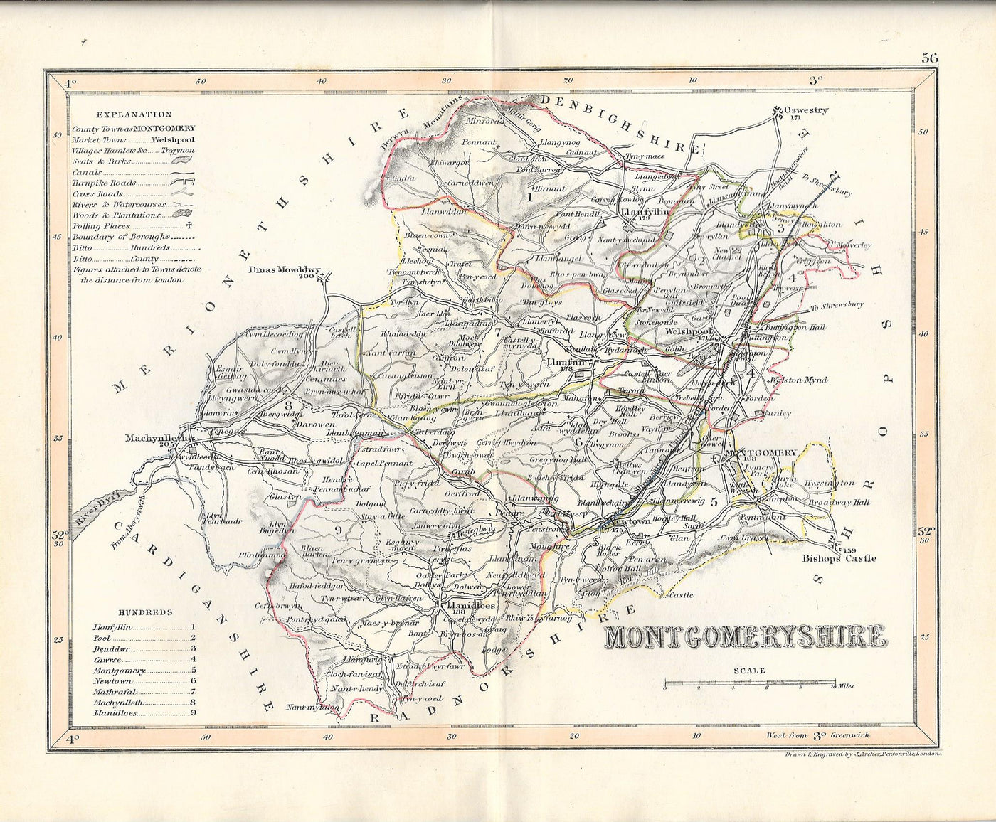 Montgomeryshire Maldwyn Sir Drefaldwyn Powys Wales antique map 1845