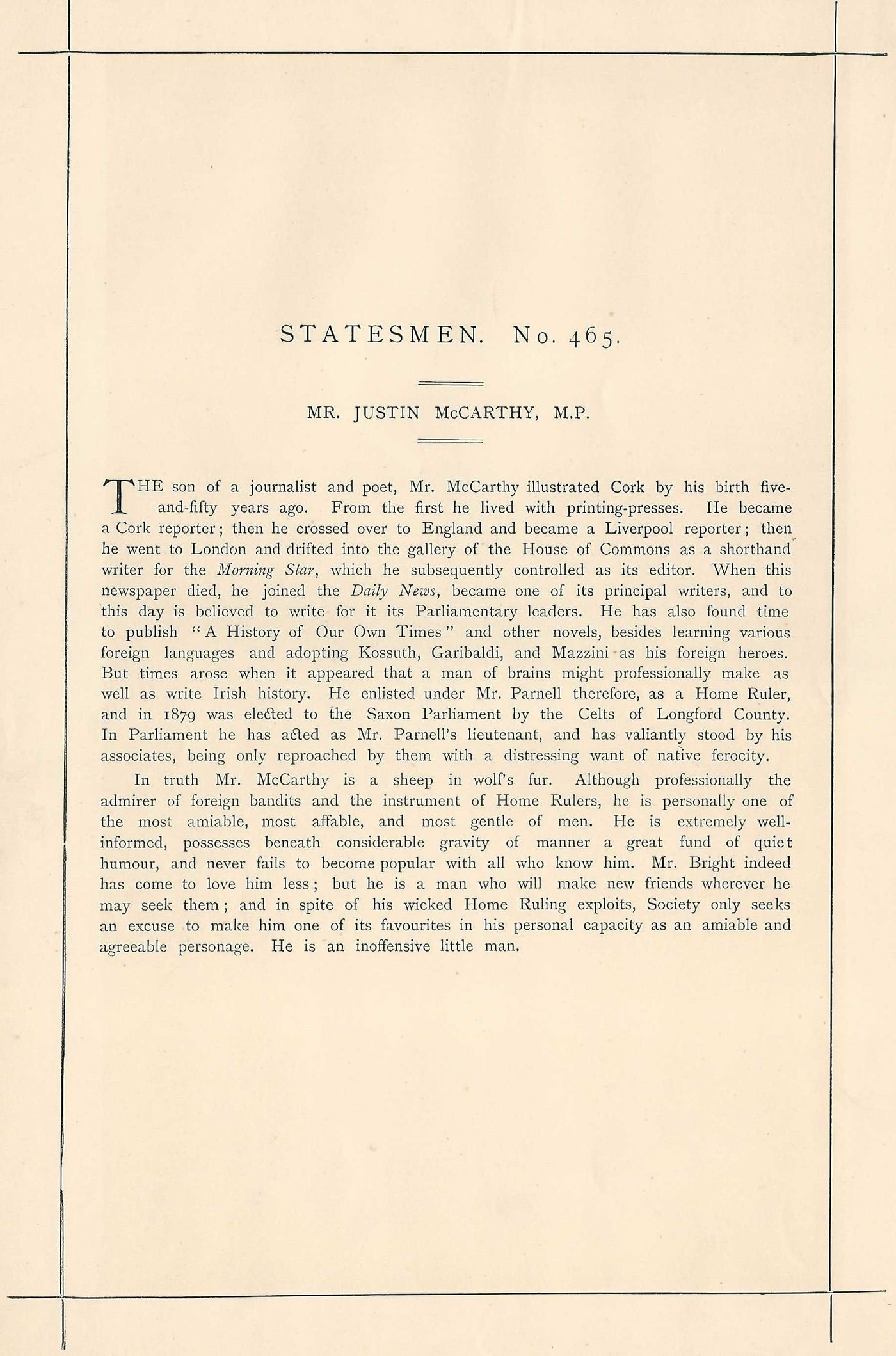 Justin McCarthy MP Irish nationalist Leader of Irish National Federation 1885
