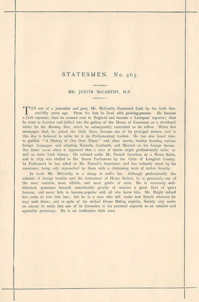 Justin McCarthy MP Irish nationalist Leader of Irish National Federation 1885