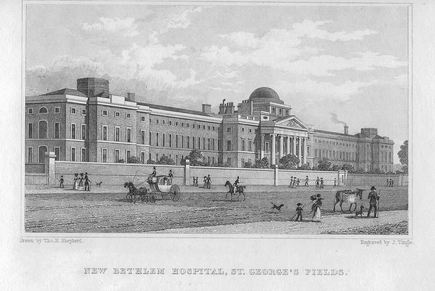 New Bethlem Hospital (Bedlam) St George's Field London, antique print published 1830.
