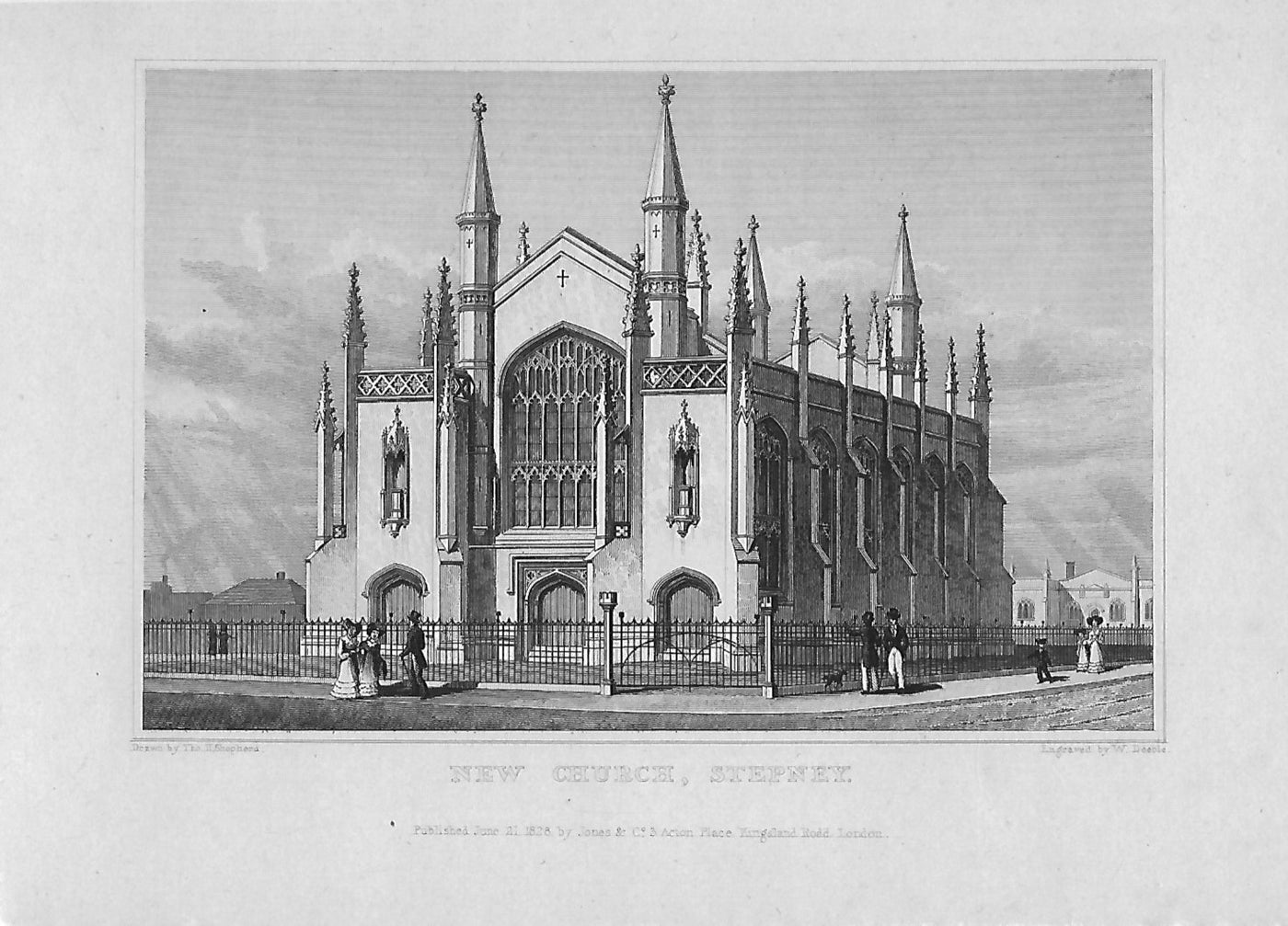 Stepney New Church St Philip Newark Street antique print 1830