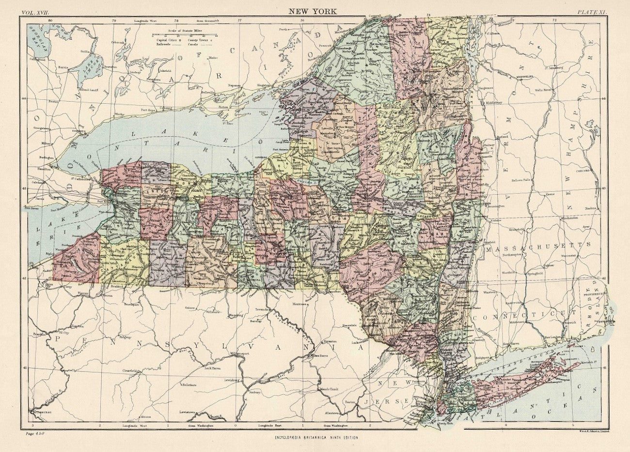New York State antique map from Encyclopaedia Britannica c.1889