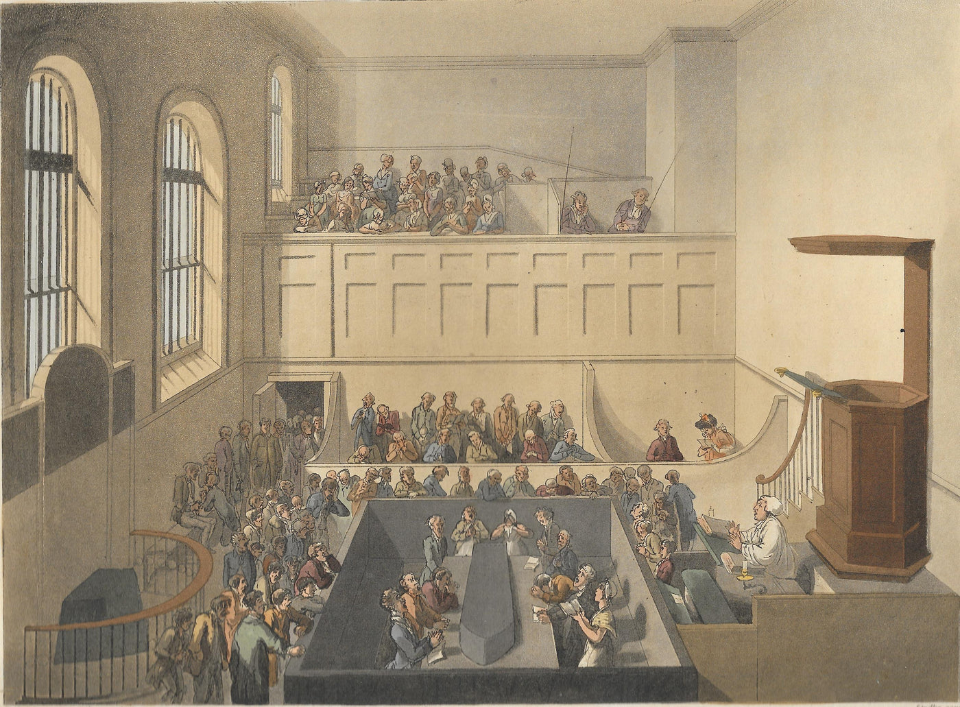 Newgate Prison Chapel London1809. Original antique hand-coloured aquatint, published 1809.