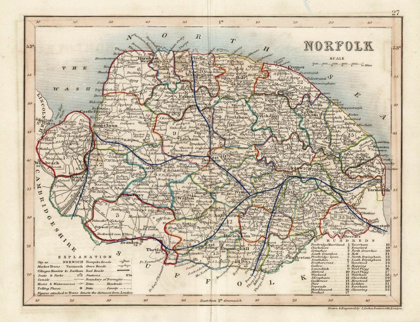 Norfolk antique map published c.1845