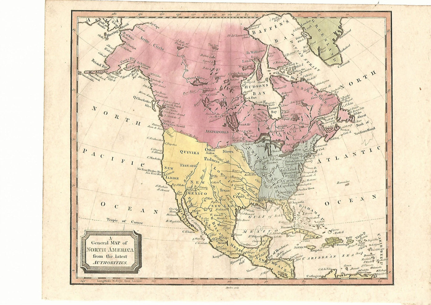 America antique map 1815 Canada United States Mexico Caribbean Greenland