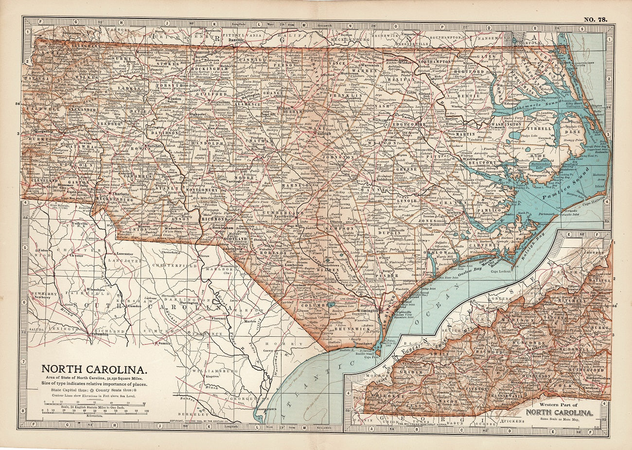North Carolina antique map from Encyclopaedia Britannica 1903