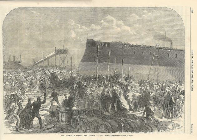 HMS Northumberland launch "She's Off!" Millwall, antique print 1866