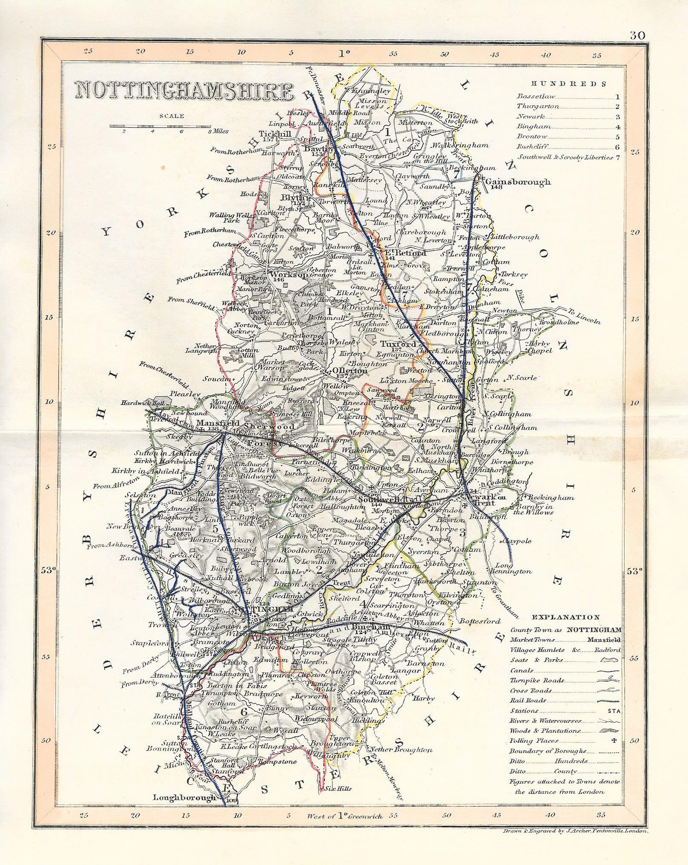 Nottingham Nottinghamshire Notts antique map 1845