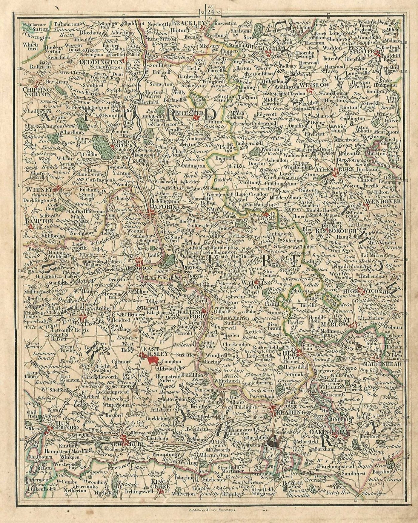 Oxfordshire Oxford Berkshire Berks Buckinghamshire Bucks antique map 1794