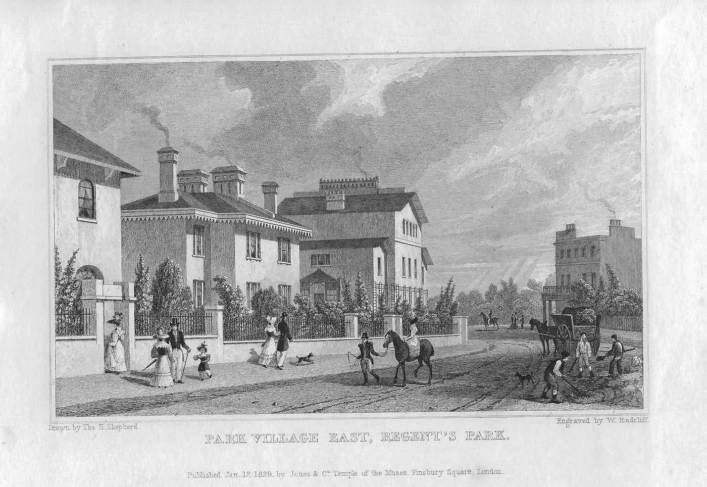 Park Village East Regent's Park London 1829, antique print published 1830.