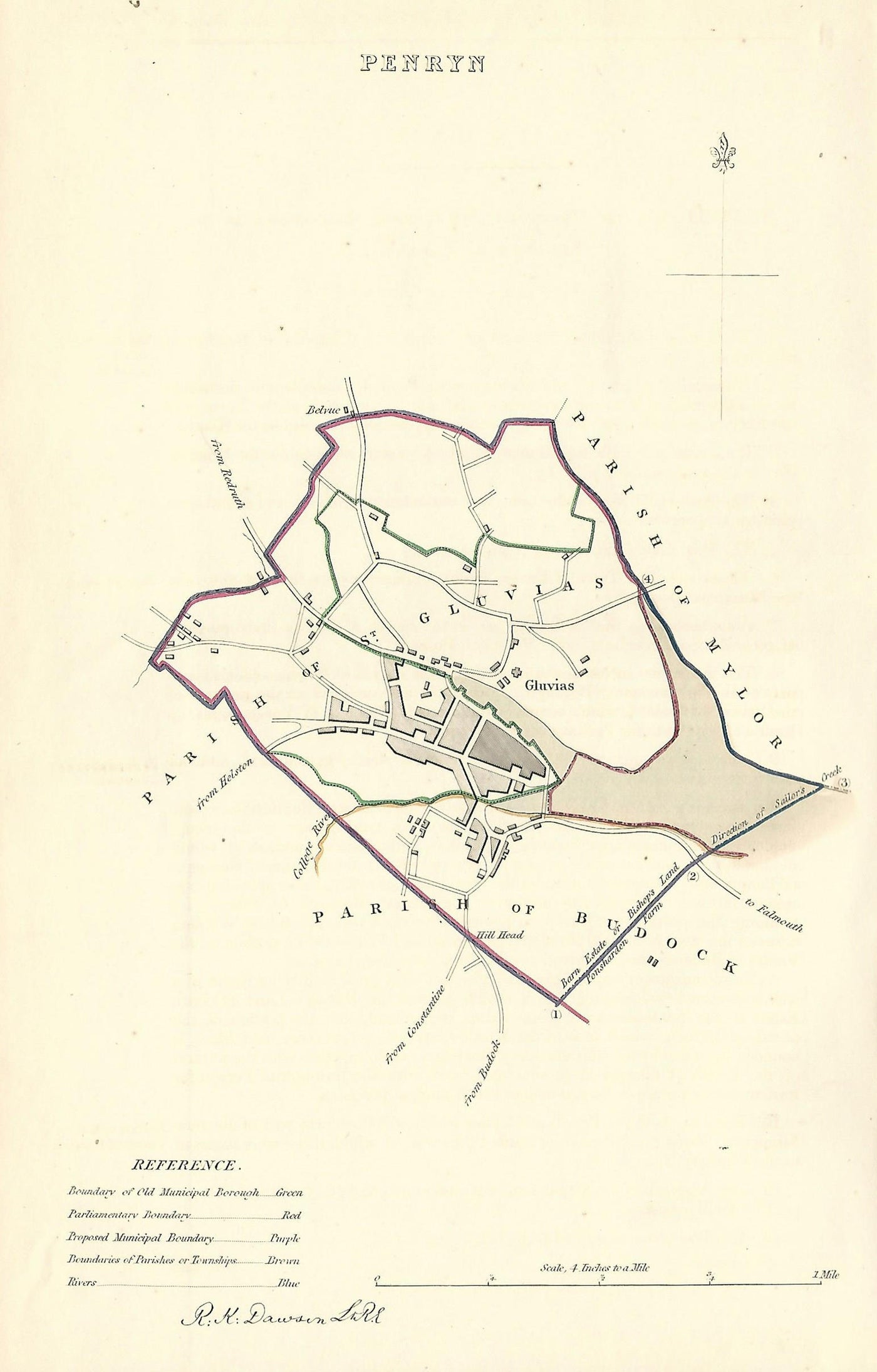 Penryn Cornwall Boundary Commission Report antique map 1837