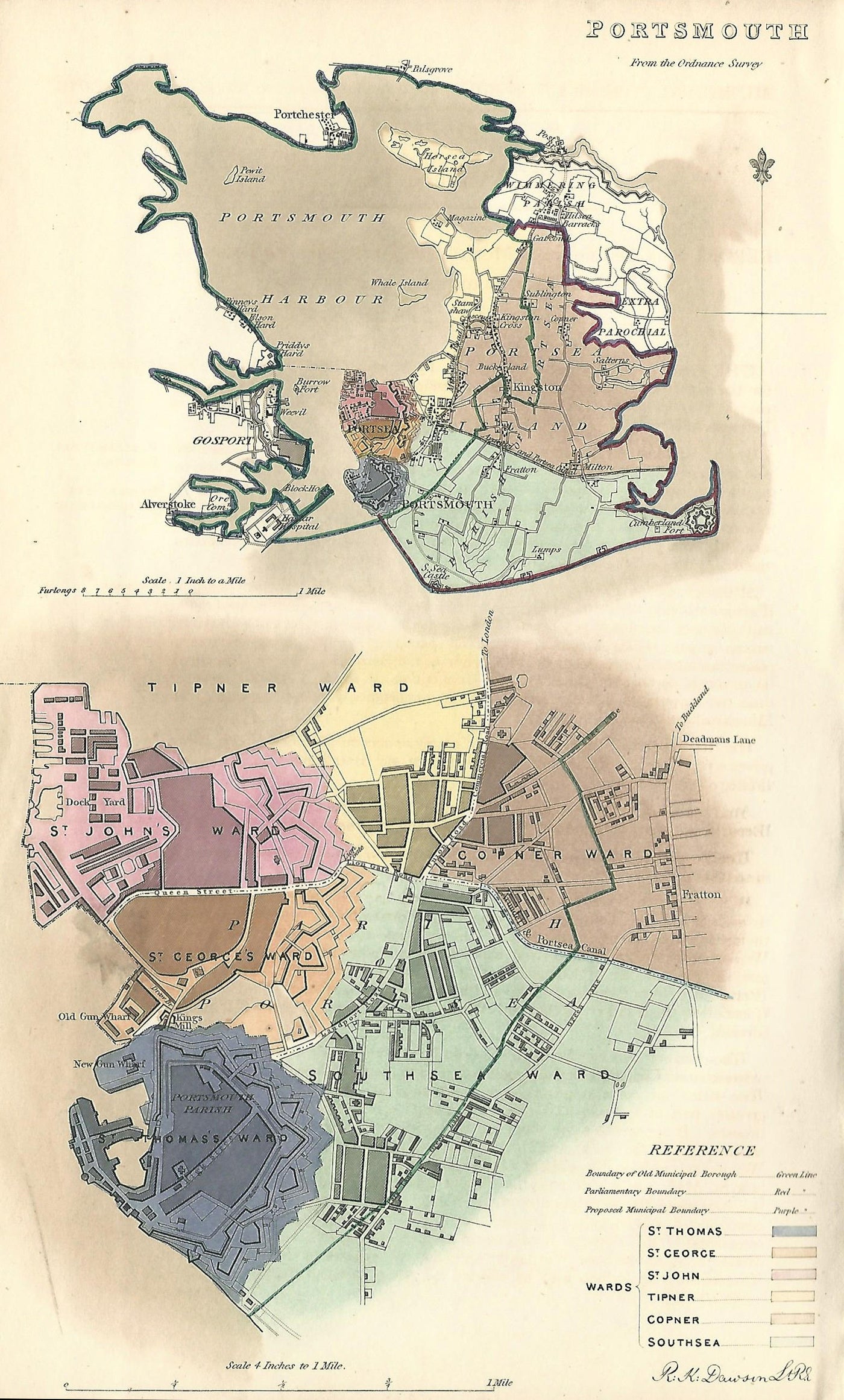 Portsmouth Hampshire Boundary Commission antique map 1837