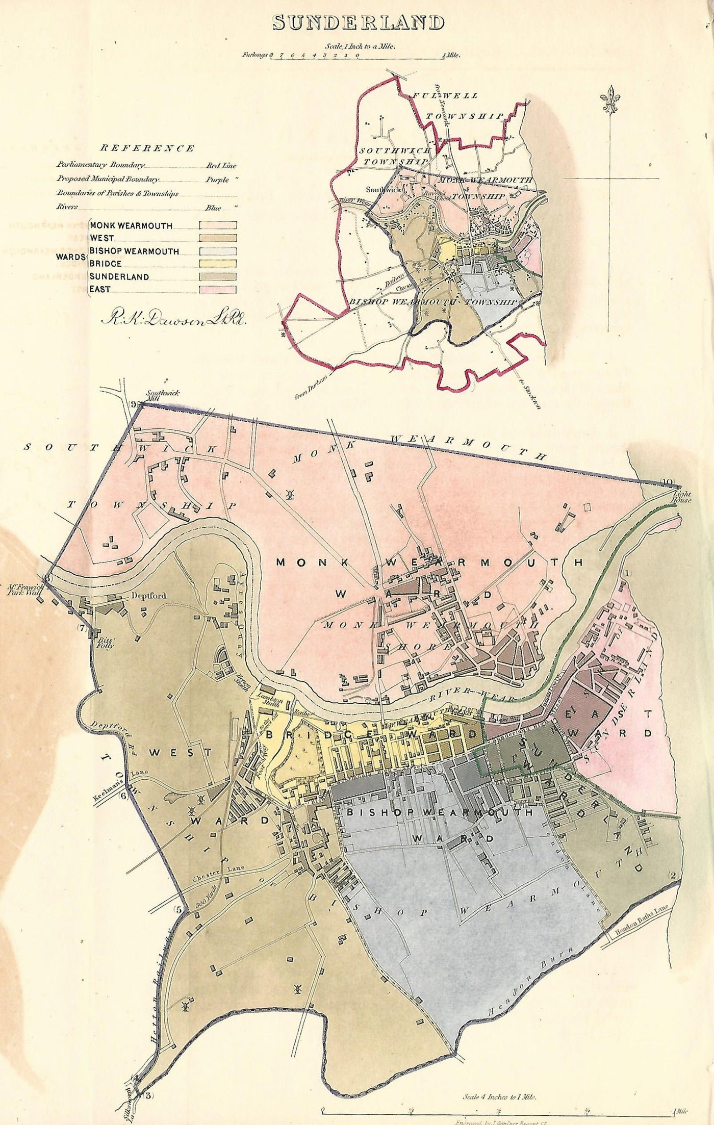 Sunderland County Durham antique map 1837