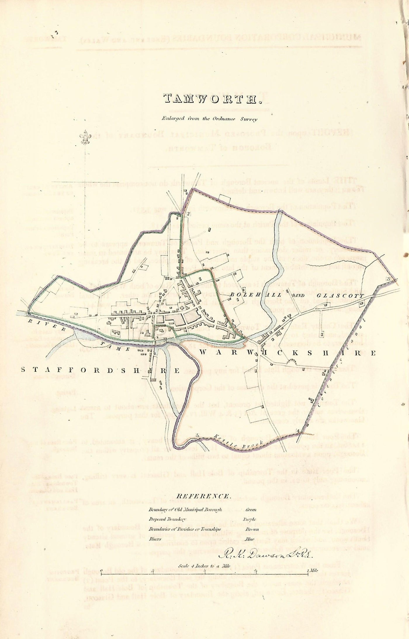 Tamworth Staffordshire antique map Boundary Commission 1837