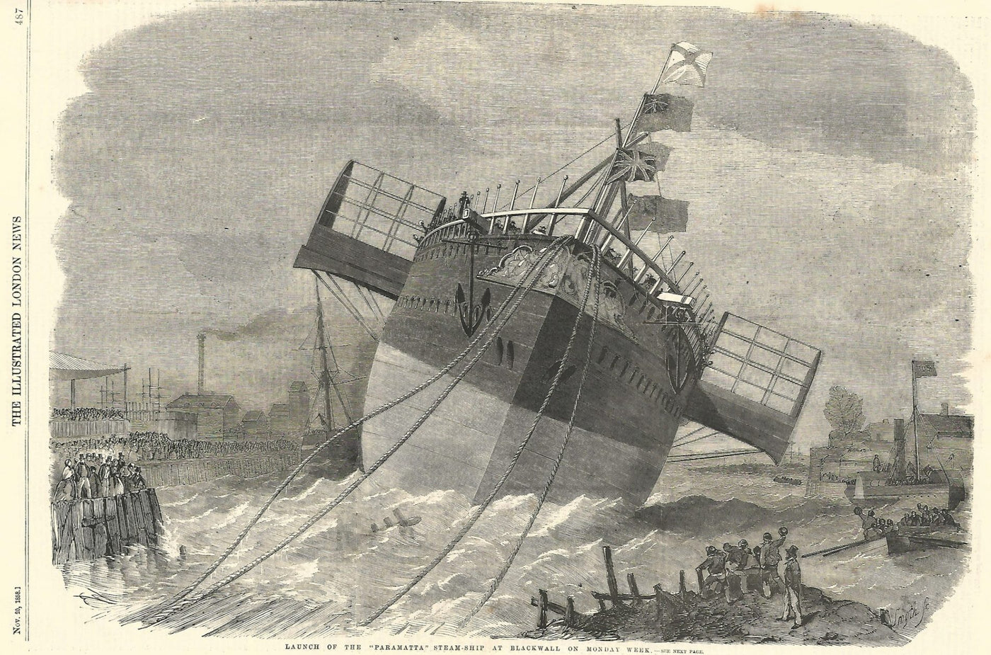 Parramatta steam ship launch at Blackwall antique print 1858