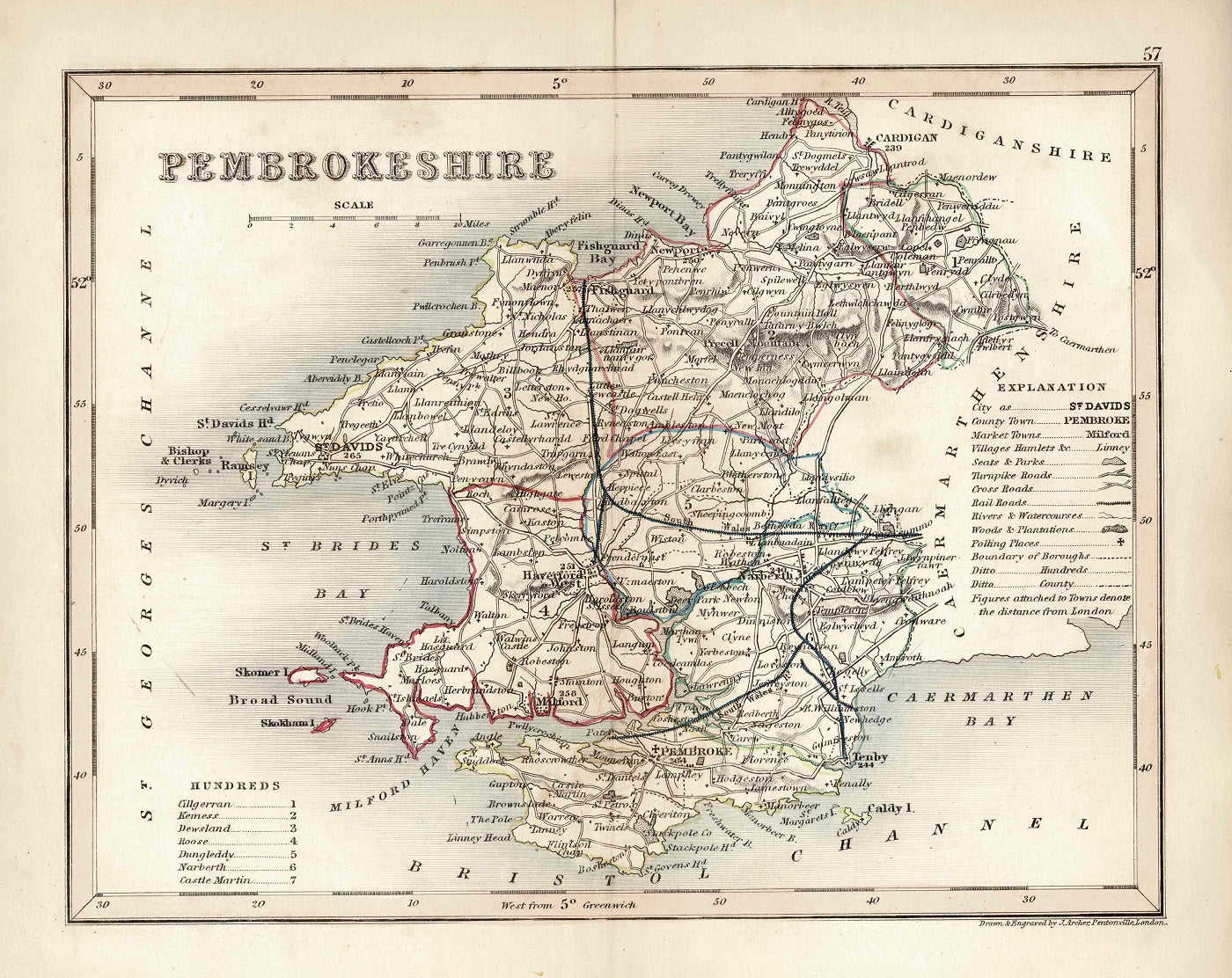 Pembrokeshire Sir Benfro Cymru Wales antique map 1845