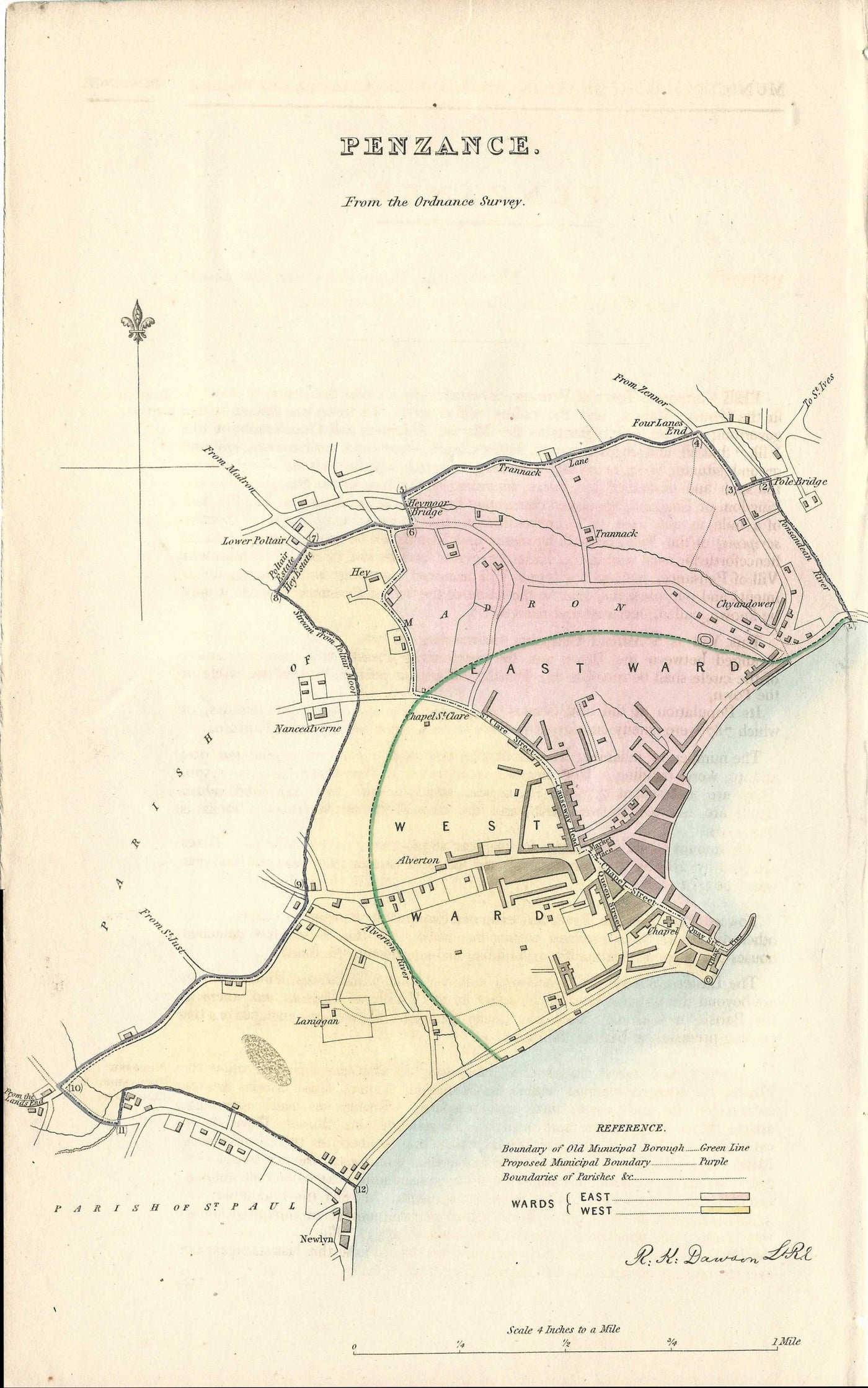 Penzance Cornwall Boundary Commission antique map  1837
