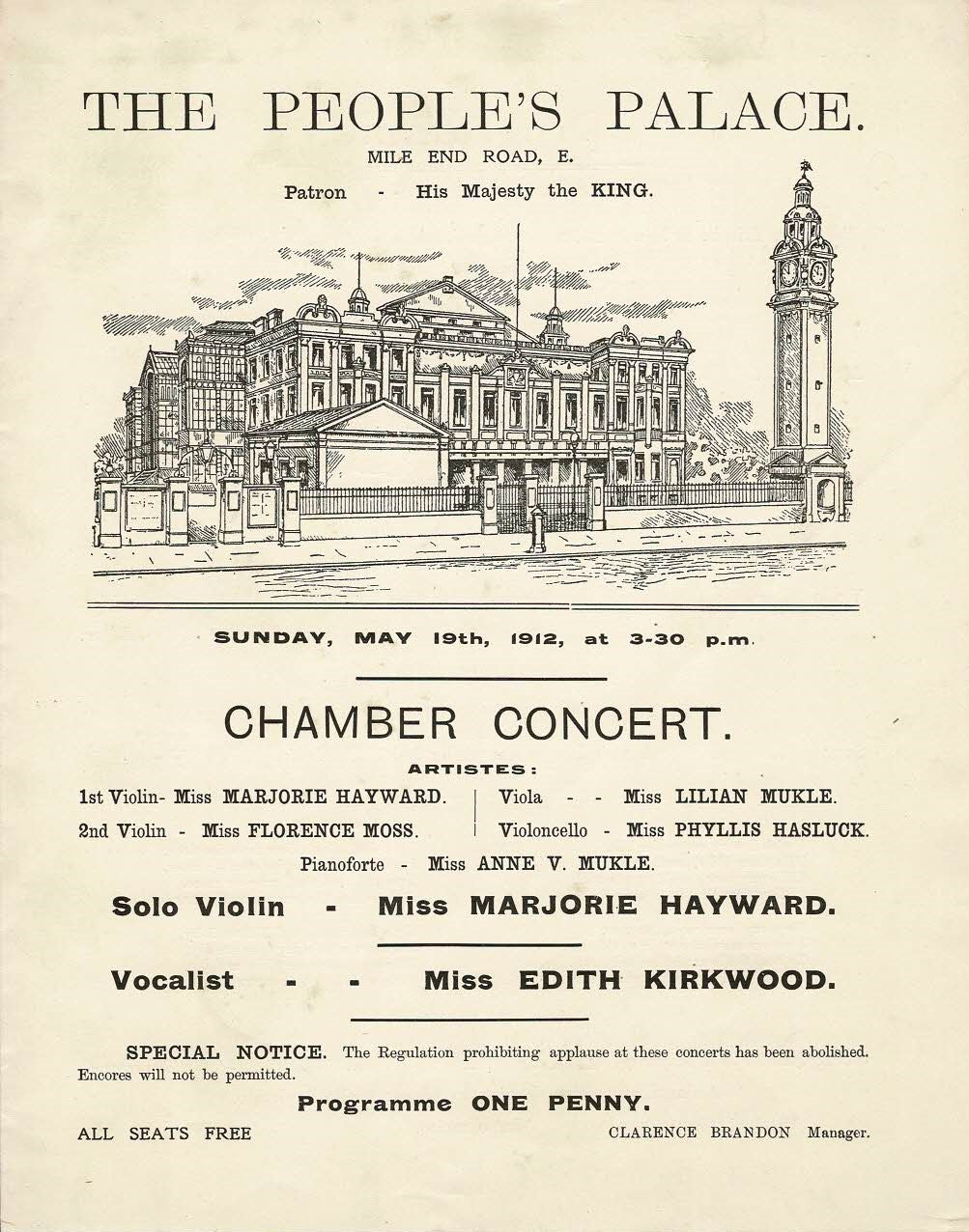 People's Palace Mile End chamber concert programme