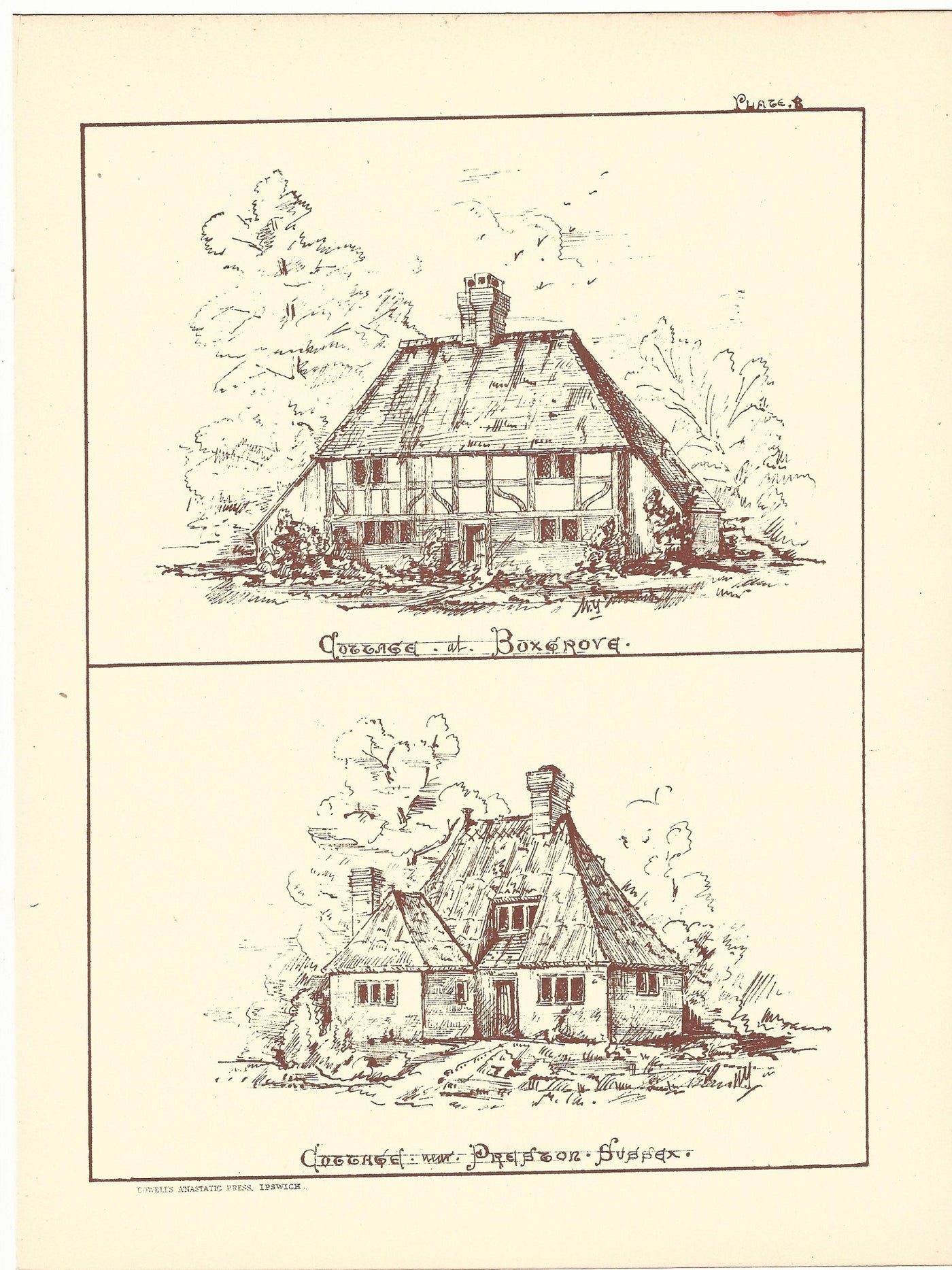 Cottages at Boxgrove and Preston Sussex antique print