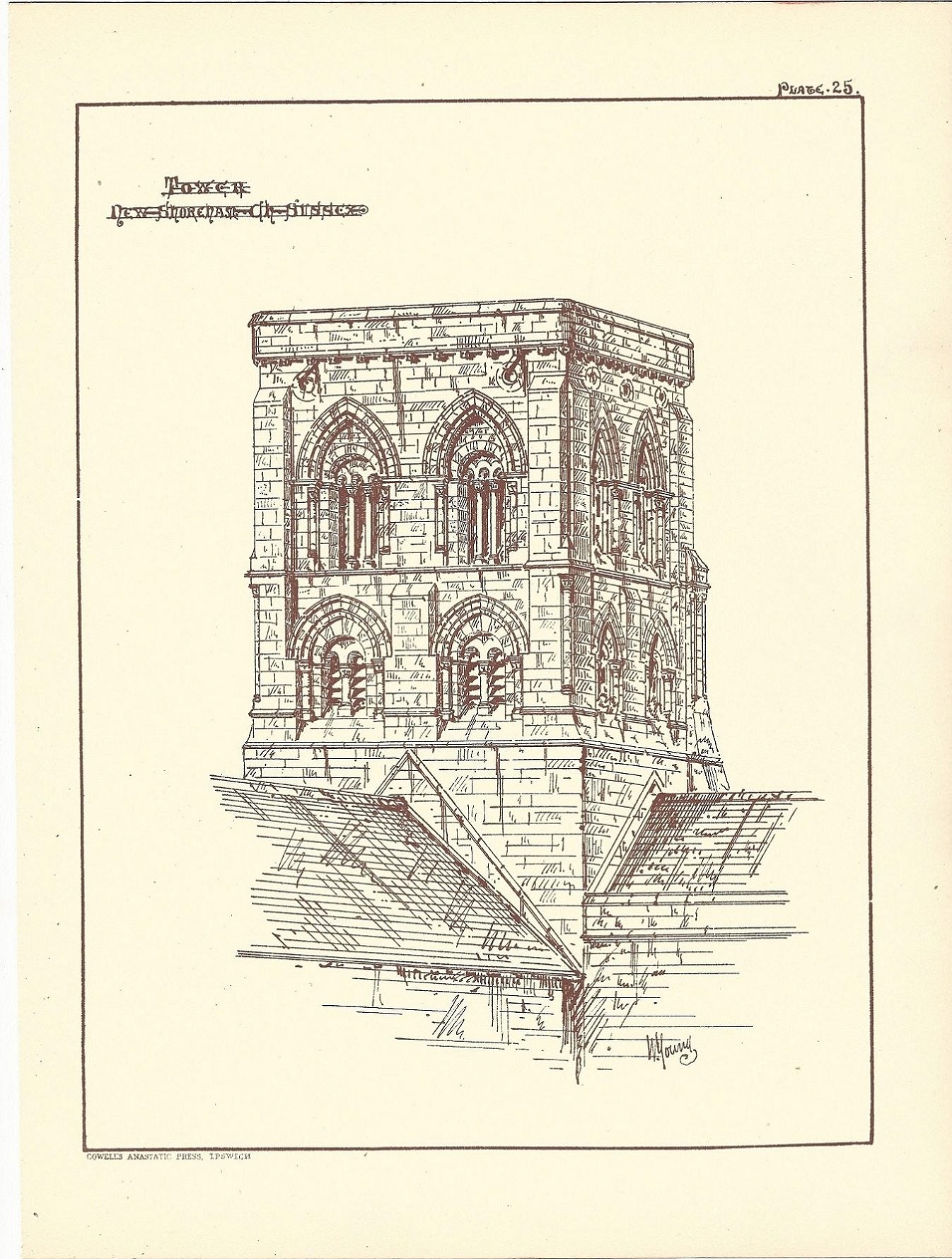 Shoreham Church Tower Sussex antique print 1869