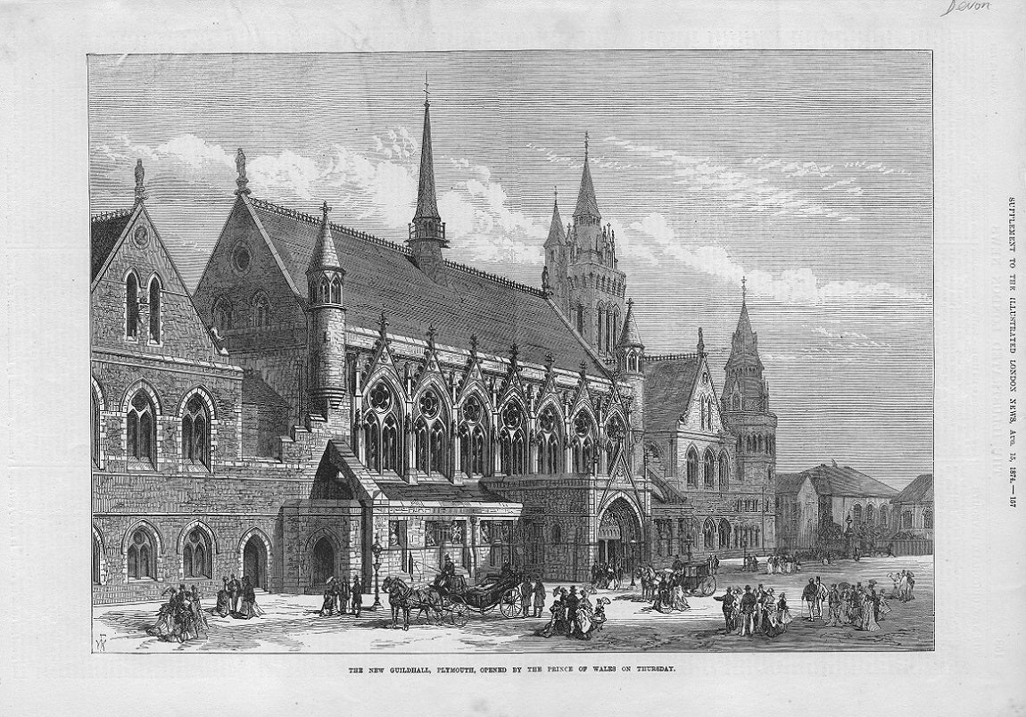 Plymouth Guildhall antique print published 1874