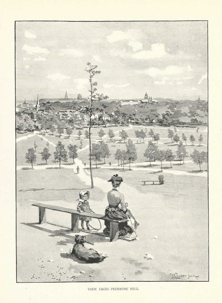Primrose Hill view of London antique print published 1893
