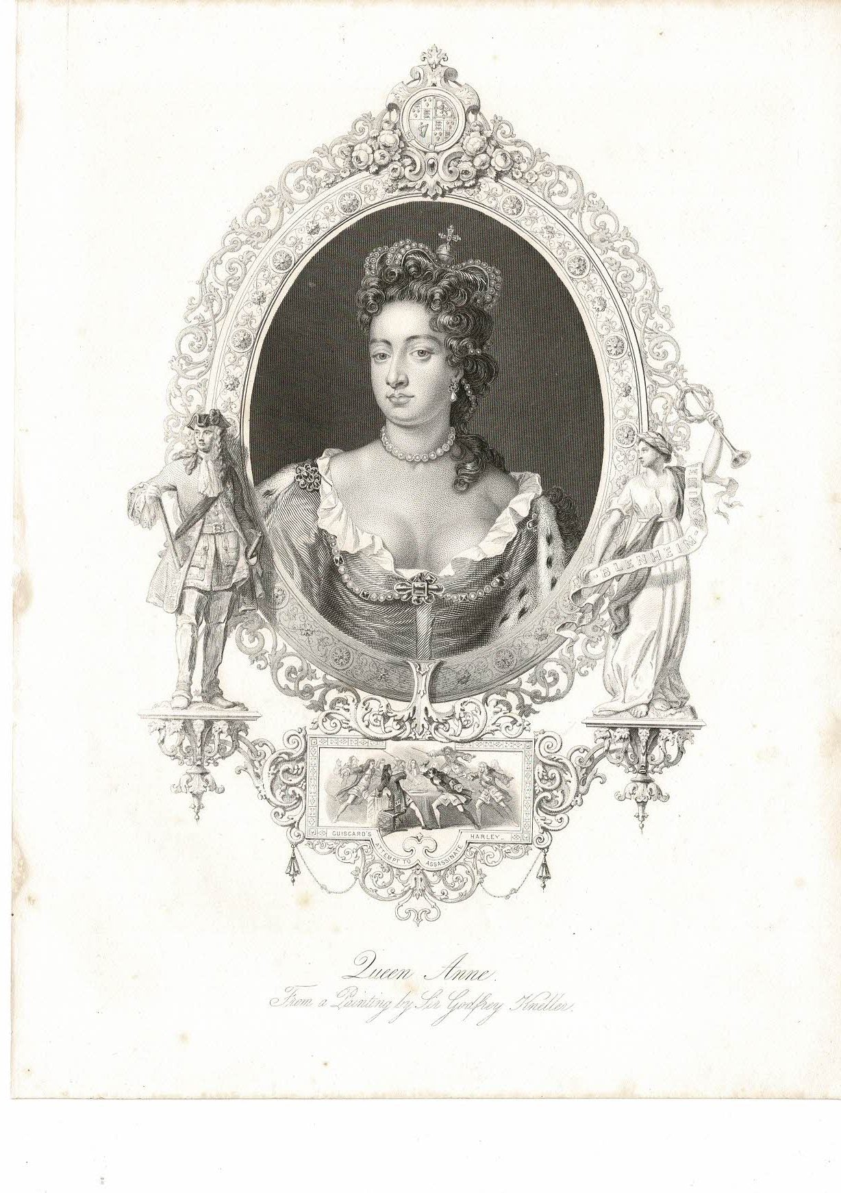 Queen Anne portrait by Kneller antique print published 1868