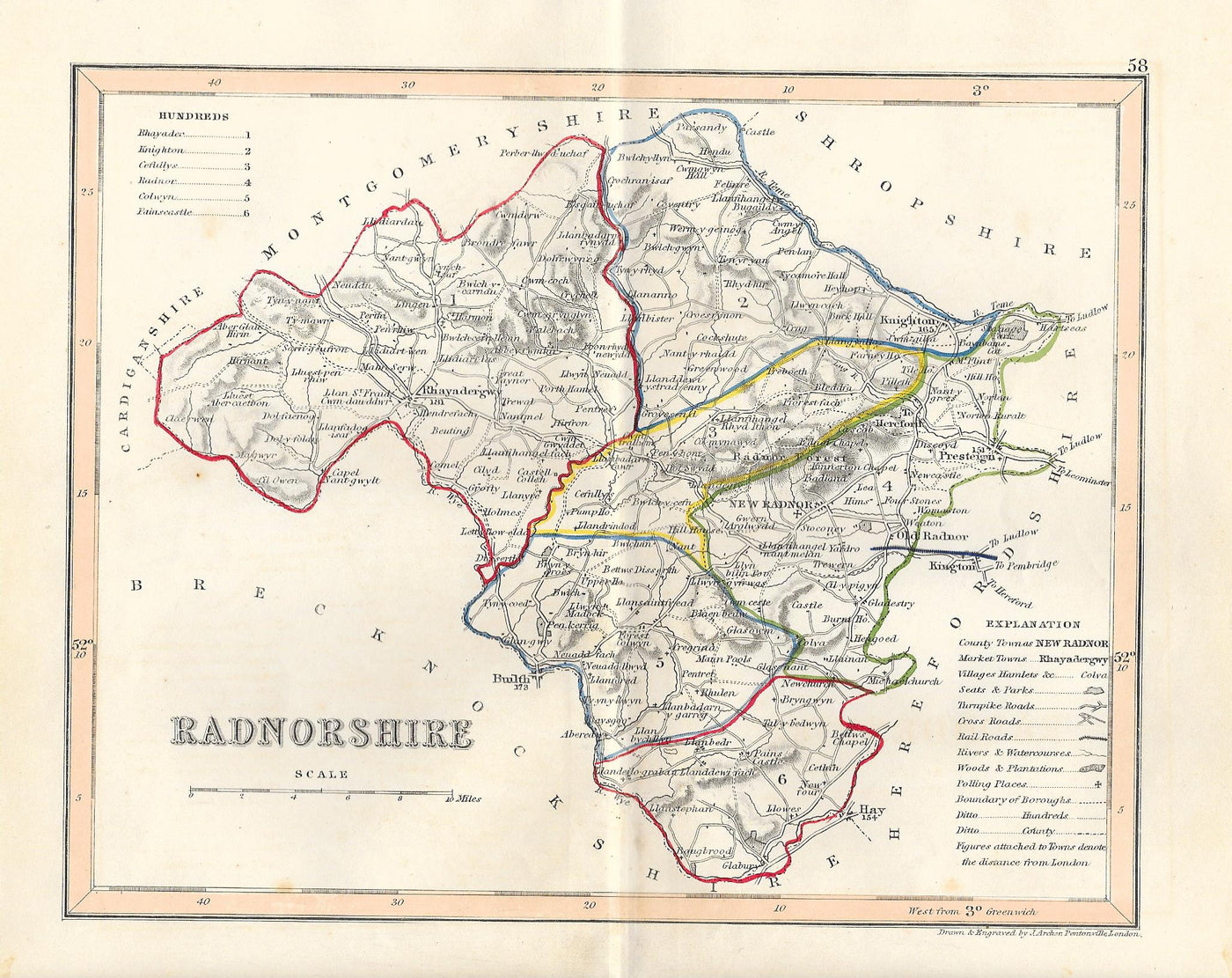 Radnor Radnorshire Powys Cymru Wales antique map