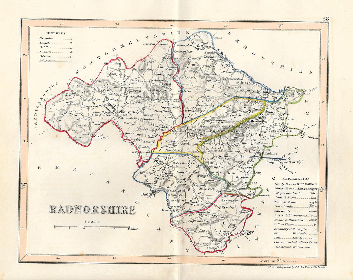 Radnor Radnorshire Powys Cymru Wales antique map 1845