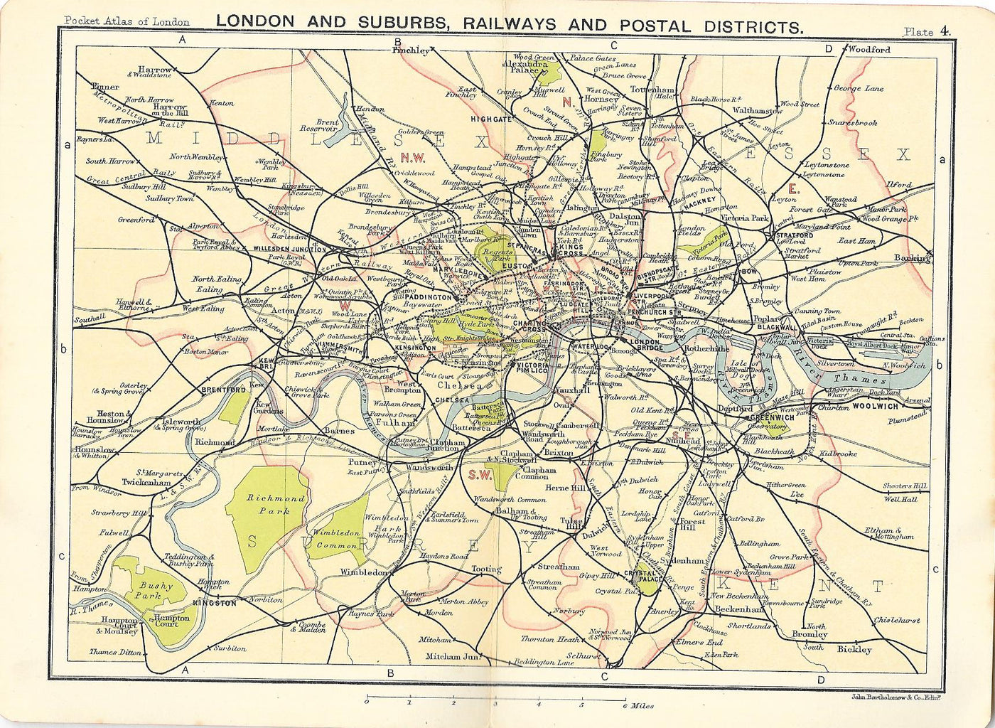 Railways and Postal Districts map of London Suburbs 1917