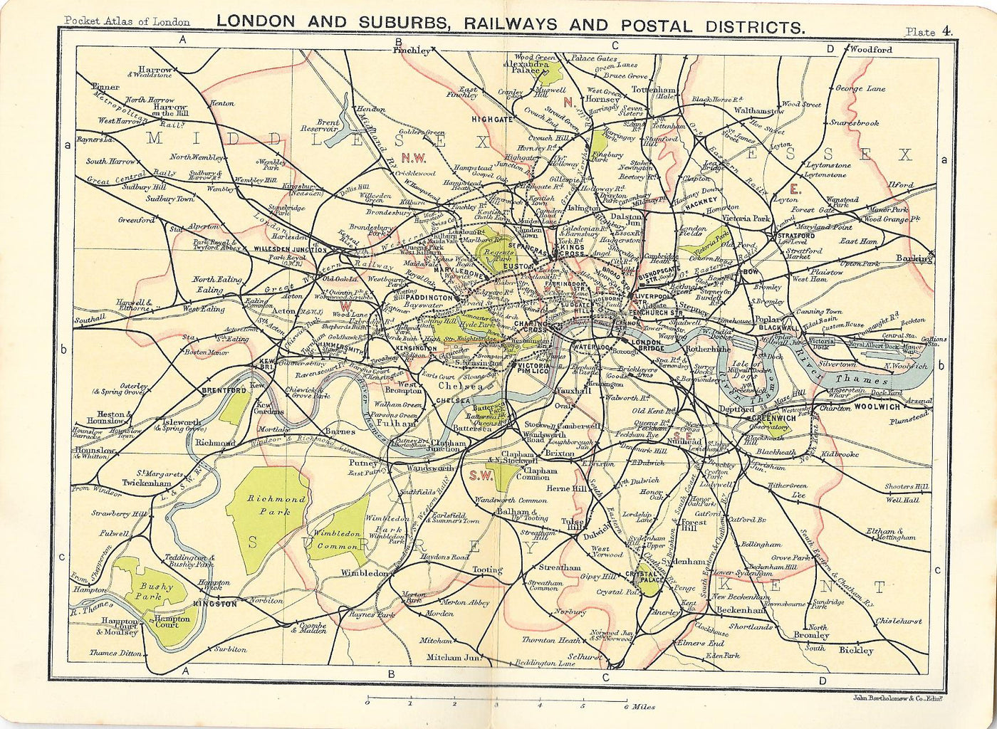 Railways and Postal Districts map of London Suburbs