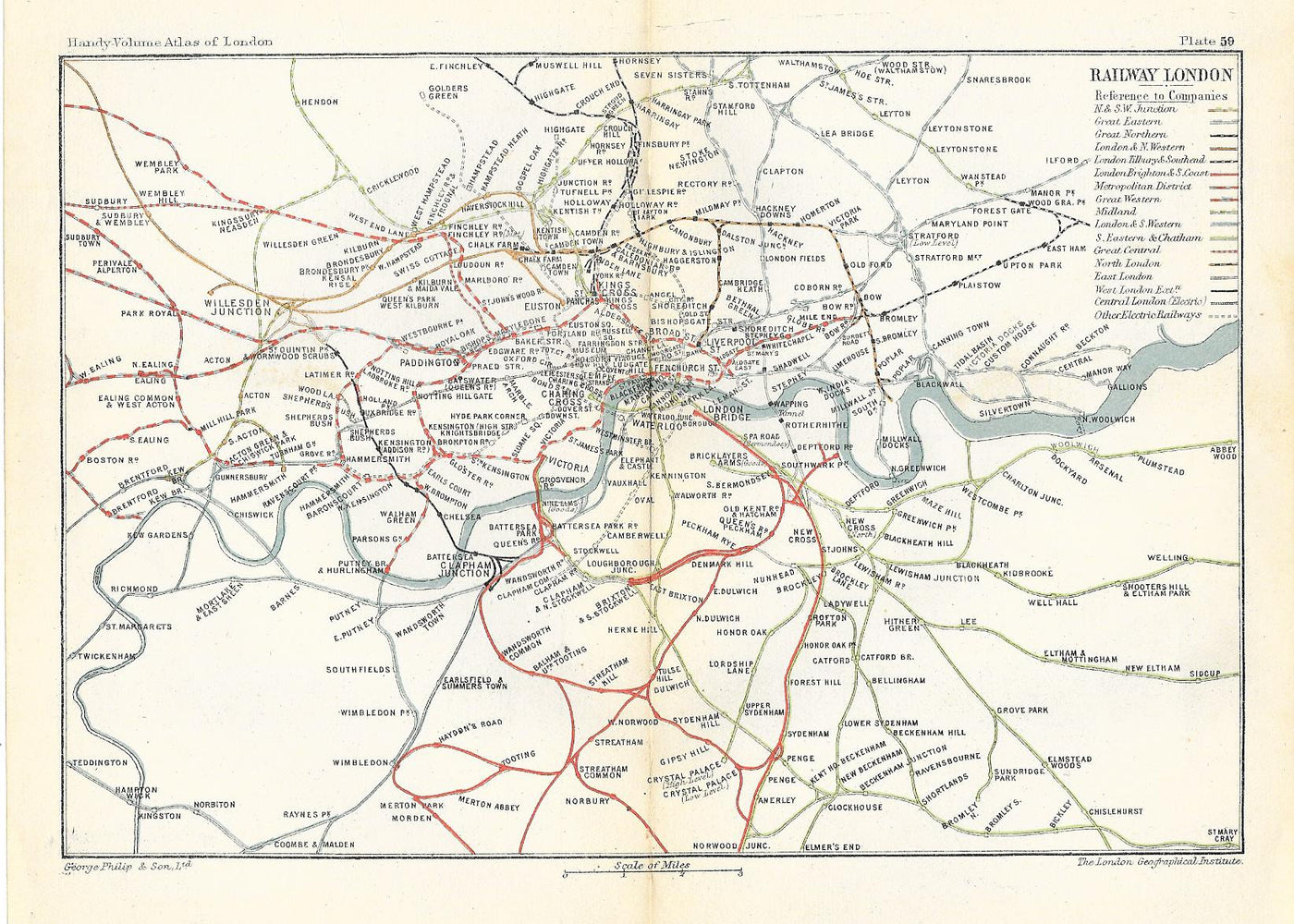 Railways map of London antique map published 1910