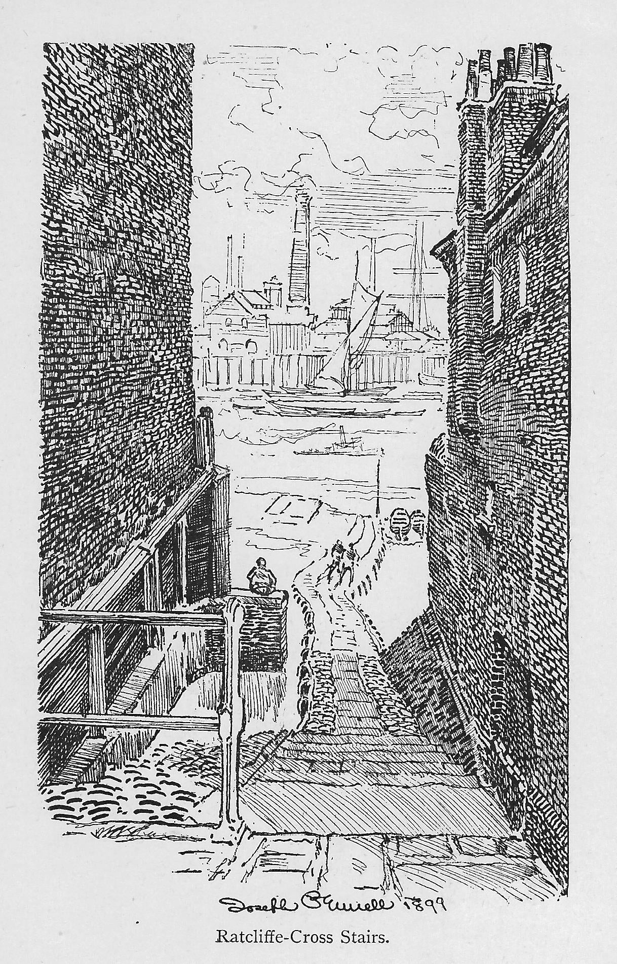 Narrow Street (Ratcliffe Cross Stairs) Limehouse antique print 1899