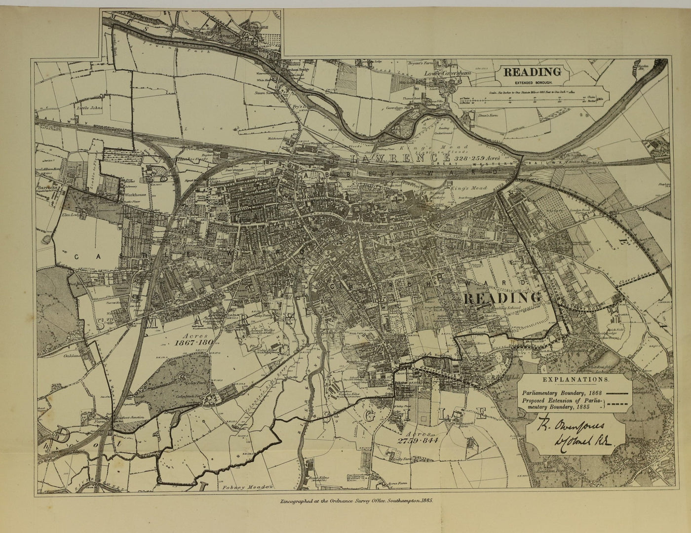 Reading Berkshire Ordnance Survey antique map 1885