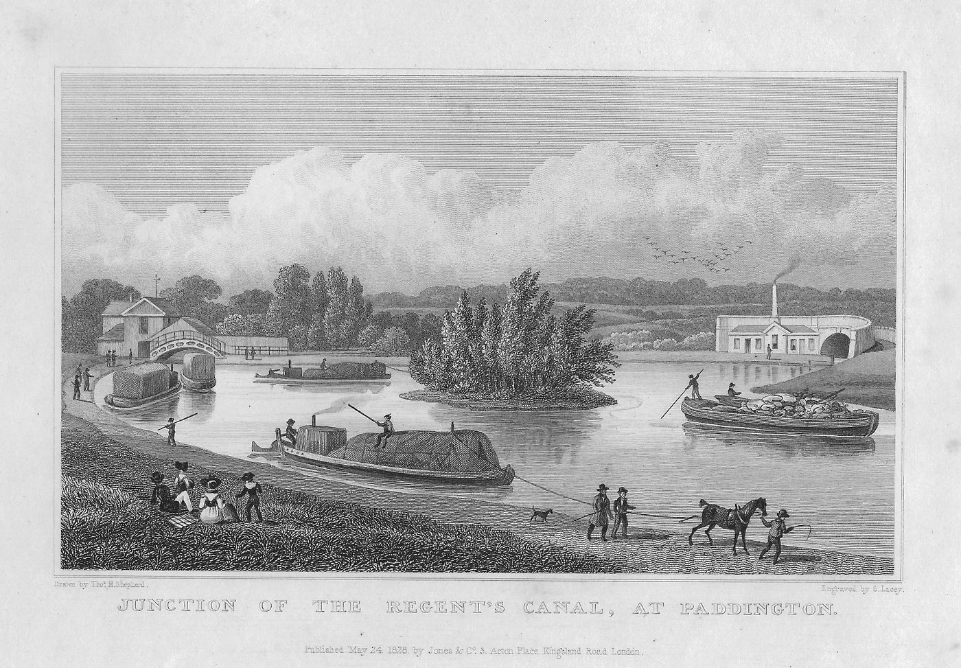 Regent's Canal Junction at Paddington London, antique print 1830