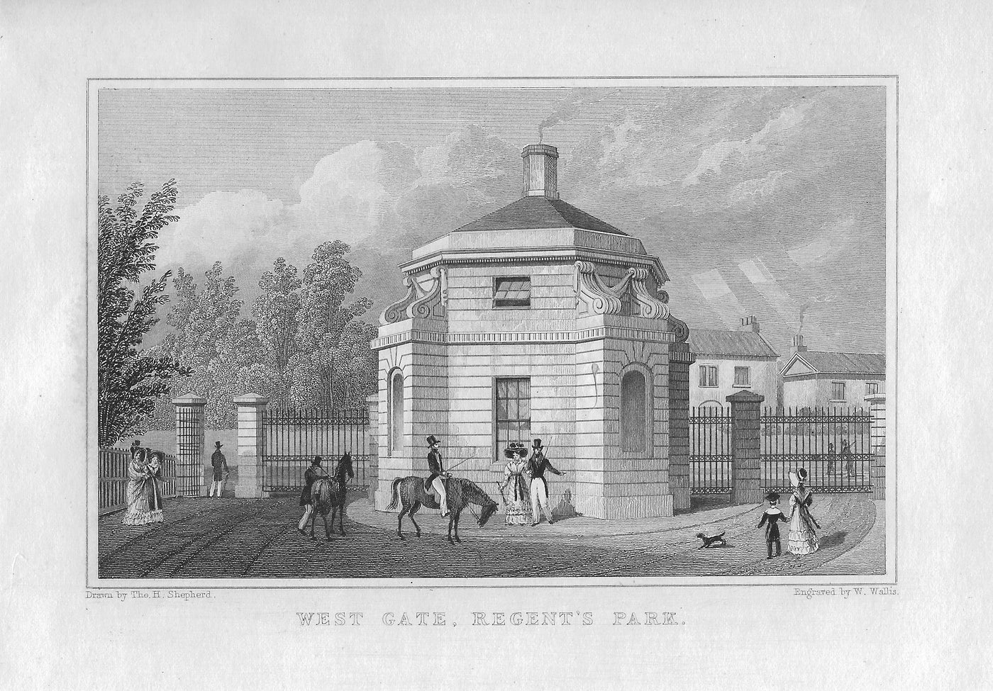 Regent's Park London West Gate antique print 1830