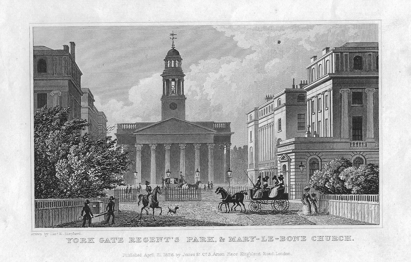 St Mary-le-Bone Church Regent's Park antique print 1830
