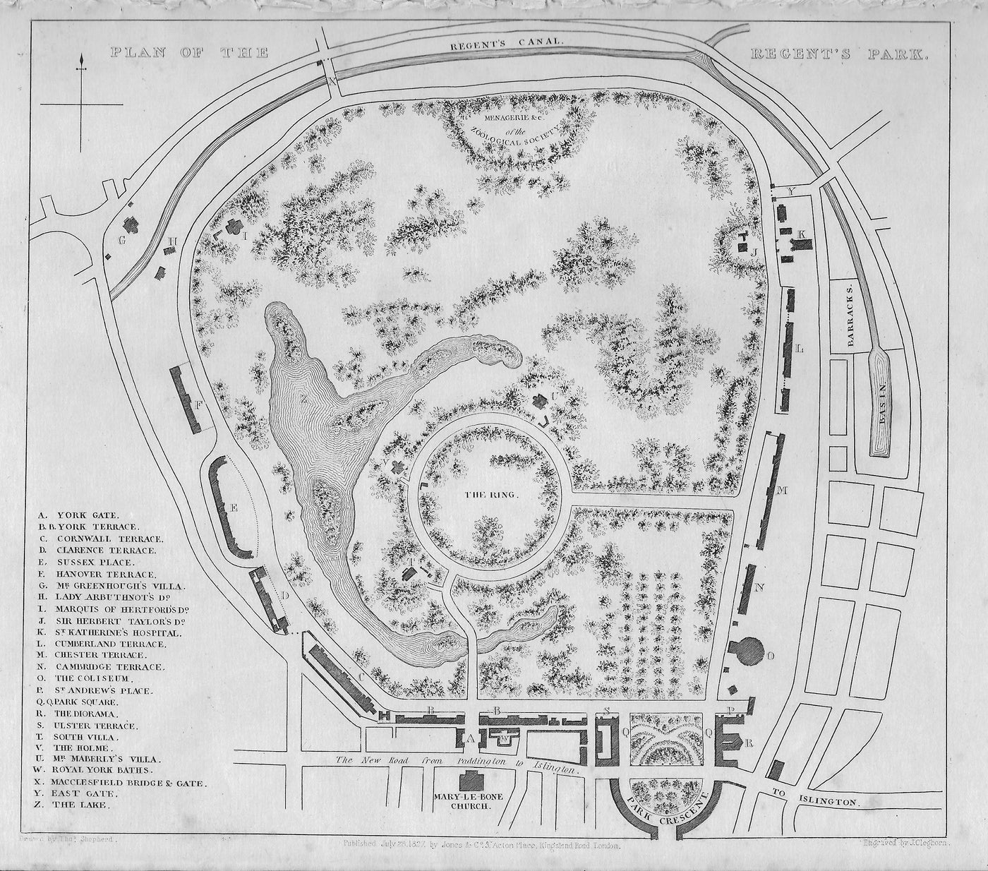 Regent's Park London, antique plan of the park dated 1827
